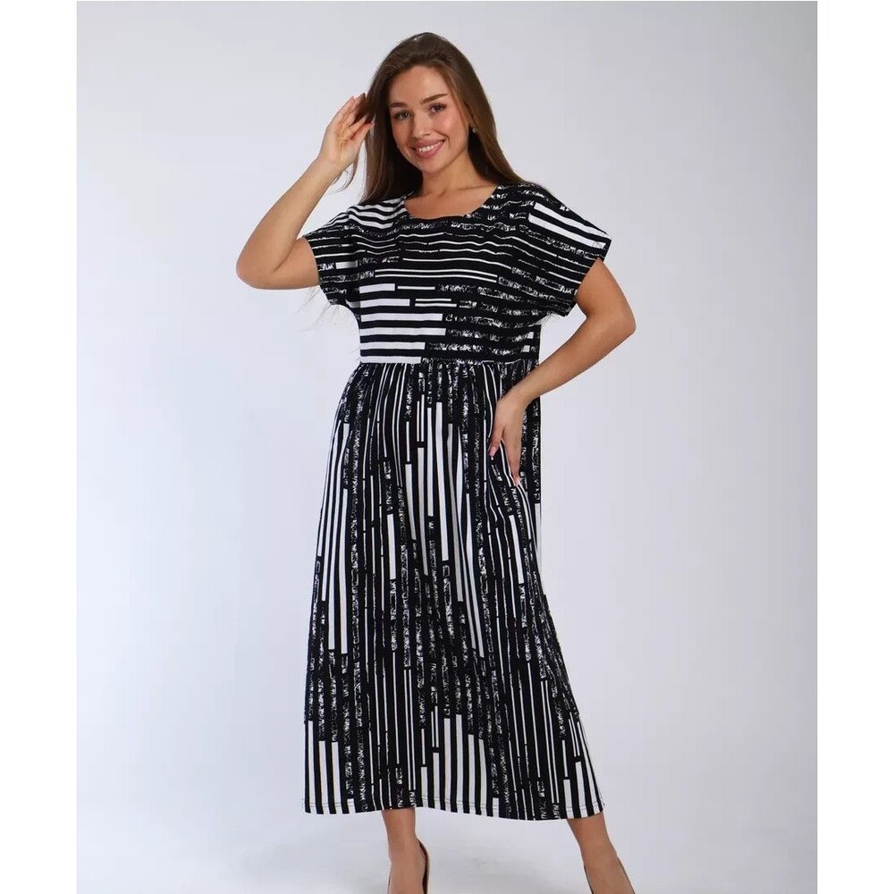 Womens L Navy Blue White Print Cotton Long House Dress Short Sleeve Casual Dress